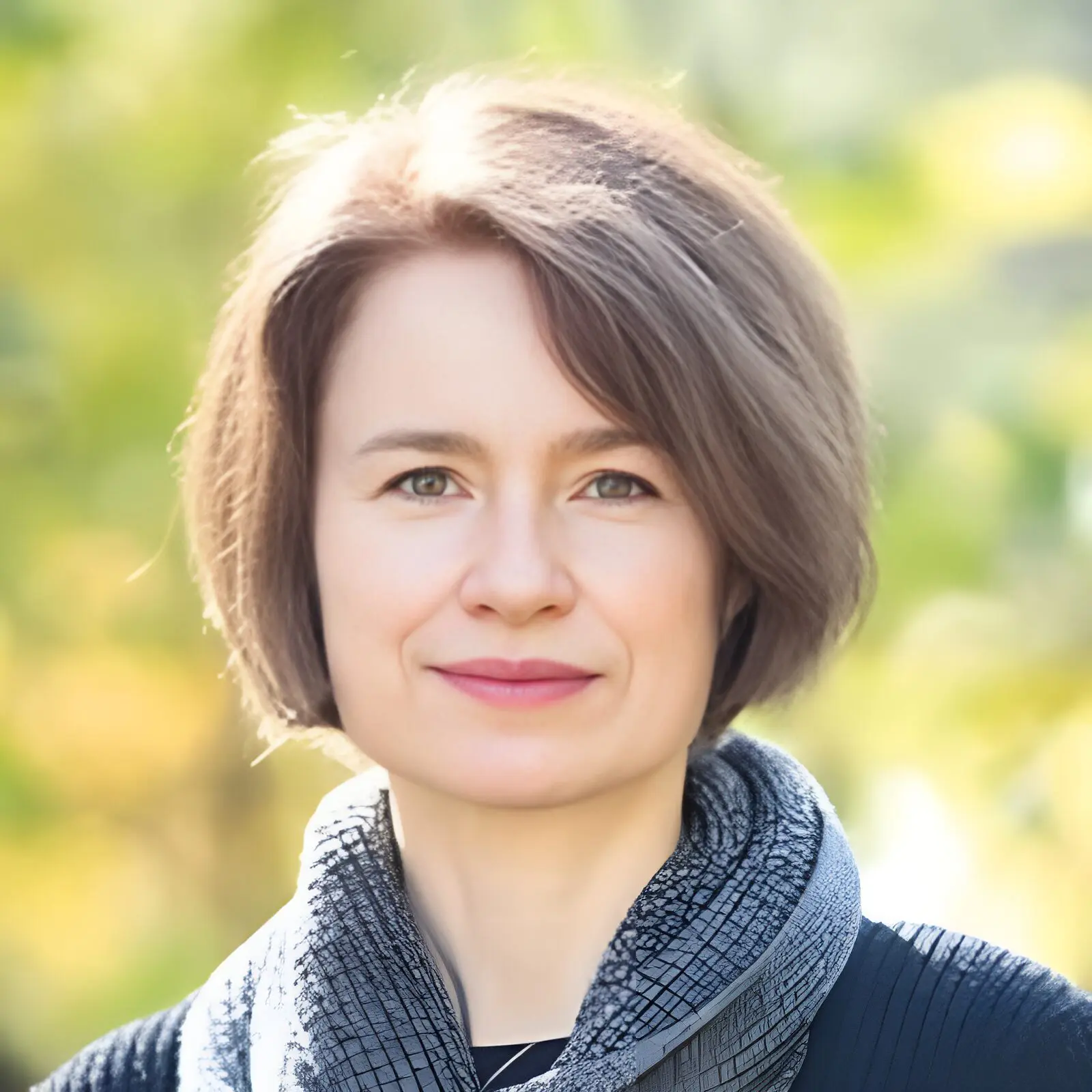 A woman with short hair wearing a scarf.